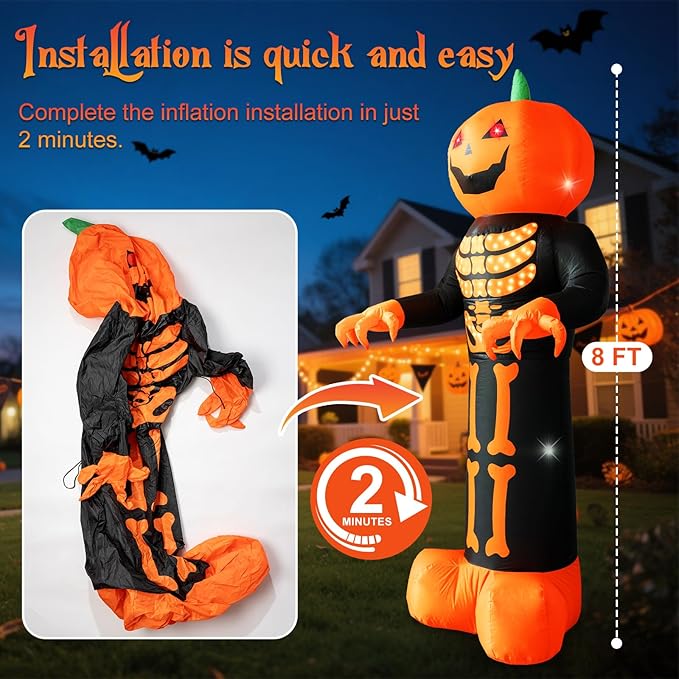 HFO 8 FT Halloween Inflatables Outdoor Decoration Pumpkin Reaper Ghost with Magic Lightshow Bones and Flashing Eyes Blow Up Yard Decoration with LED Lights Holiday Party Yard Lawn Decor