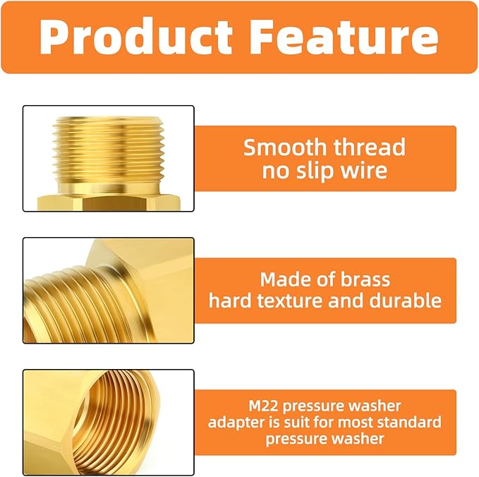 GASHER 5Pcs Brass M22 Pressure Washer Fitting,M22-14mm Male x M22-14mm Female Thread Fittings,For Pressure Washer Hose