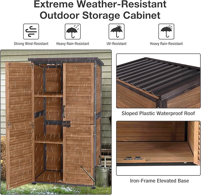Outdoor Storage Shed, Outdoor Storage Cabinet with Sturdy Iron-Frame & Anti-Corrosion Wood, Adjustable Shelves, Weather-Resistant Louvered Door for Garden Tools, Patio Utility Tool Storage