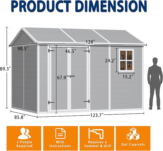 10x8 FT Resin Outdoor Storage Shed with Floor, Weather-Resistant Plastic Garden Shed with Windows, Lockable Door and Vents, Outside Tool Storage Sheds for Backyard, Garden, Lawn, Grey