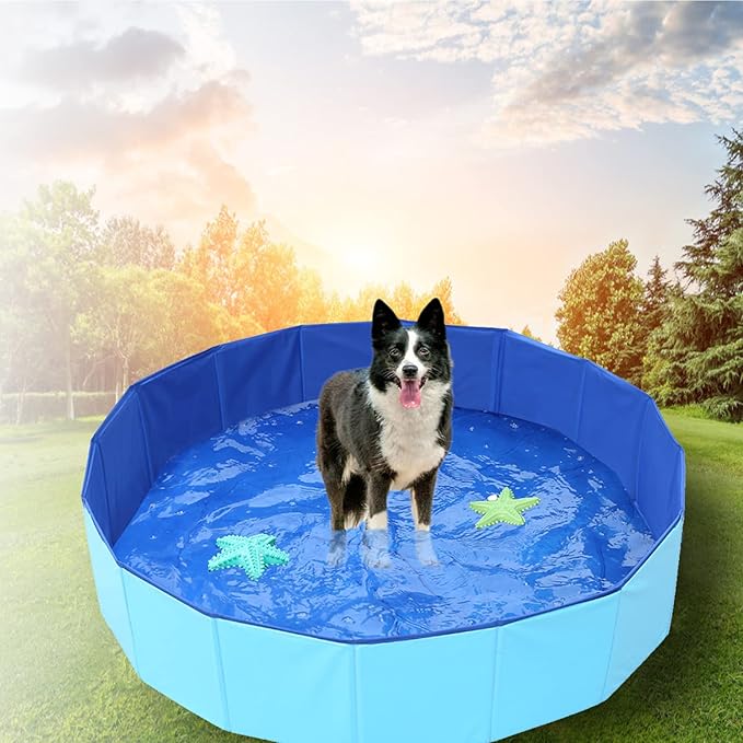 Foldable Pet Dog Kids Swimming Pool(32'' x 8''),Plastic Anti-Slip PVC Bathing Tub Swimming Pool Durable Fiberboard Kiddie Pool Blue