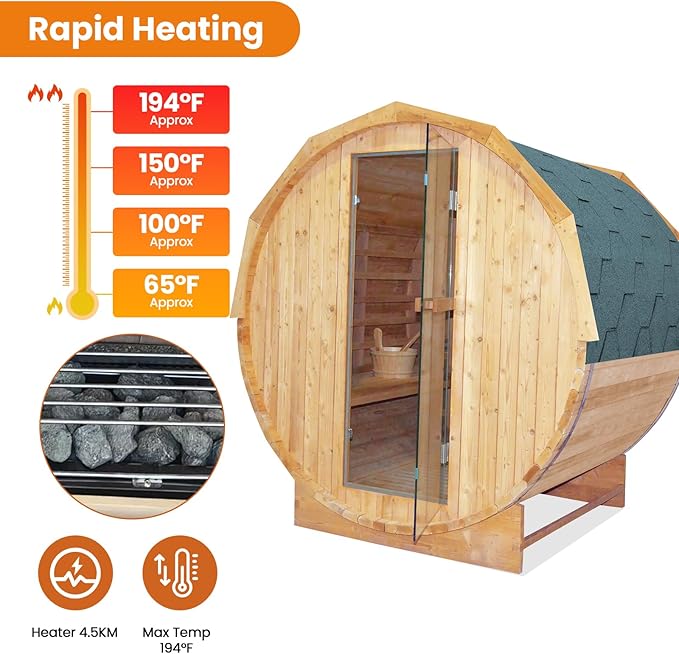 Outdoor Traditional Steam Sauna Barrel Sauna, 4 Person Outdoor Sauna 4.5KW/240V Stove Heater, Finnish Carbonized Spruce with Wooden Barrel, Spoon, Sauna Stone, LED Light - 59 * 70.9 * 75.9 in