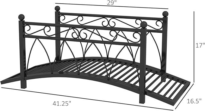 Outsunny 3.3' Metal Arch Zen Garden Bridge with Safety Siderails, Decorative Footbridge, Delicate Scrollwork & Corner Spheres for Stream, Fish Pond, Black