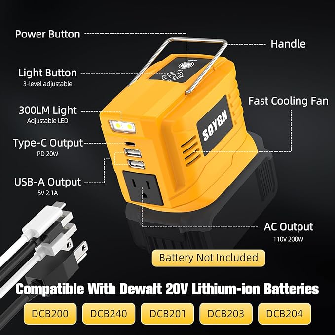 200W Portable Power Inverter for DeWALT 20V,Outdoor Generato Battery Converter with 2 USB&LED&AC Battery Powered Outlet,Convert DC 18V/20V to AC 110V-120V Portable Power Station(Tool Only)