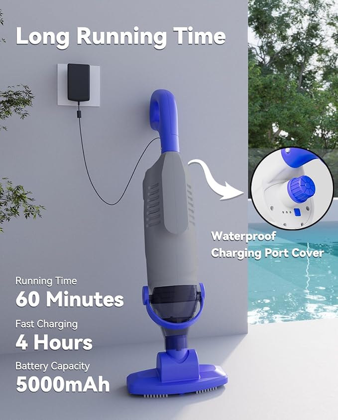 Cordless Pool Vacuum for Above Ground Pool, 60W Rechargeable Handheld Pool Vacuum Cleaner with Pole & 18GPM Suction, Spa Vacuum for Hot Tub, Above Ground/Inground Pools-Grey