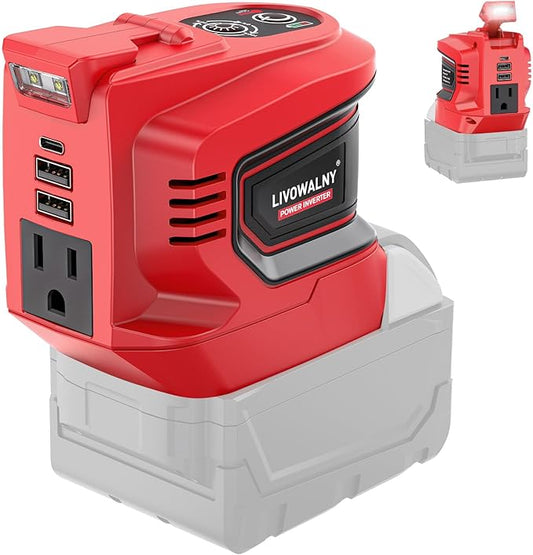 Real 200W Power Inverter Compatible with Milwaukee, DC 18V to AC 110-120V Battery Inverter, Portable Power Station Generator, Charger Adapter Battery Powered with 2 USB & 1 Type-C & 1 AC Outlet