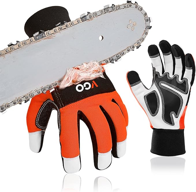 Vgo... Chainsaw Gloves, 12-Layer Chainsaw Protection on Both Hand Back, leather Work Gloves, Mechanic Gloves