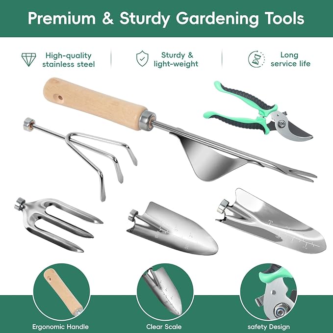 9-Piece Garden Tool Set, Heavy Duty Gardening Hand Tools with Wood Handle, Including Garden Tote, Gloves, Durable Stainless Steel Garden Tools, Gardening Gifts for Women, Mom, Men