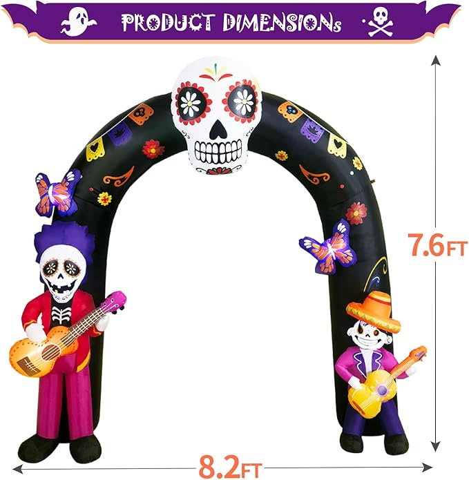 DomKom Halloween Inflatable Blow Up Decorations Archway, Dia de Los Muertos 8FT Day of Dead Arch with Skull Skeleton, Built-in LEDs for Holiday Party, Garden, Lawn, Yard, Patio Décor