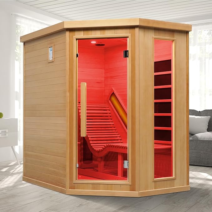 Infrared Sauna Room with Recliner, One Person Infrared Sauna Home, 220V，2300W, 4 Heating Tubes, 4 Carbon Crystal Heating Panel, Bluetooth Speakers, 7 Color Light, Oxygen Bar（Open Door Right ）