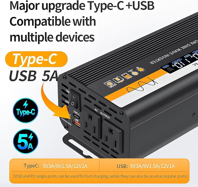 1000W Pure Sine Wave Inverter (2000W Peak), 12V/24V Auto-Detect, 50Hz/60Hz Switchable, LCD Display, Type-C Fast Charging, Silent Design, Overload & Overheat Protection for RV, Home (Black-1000W)