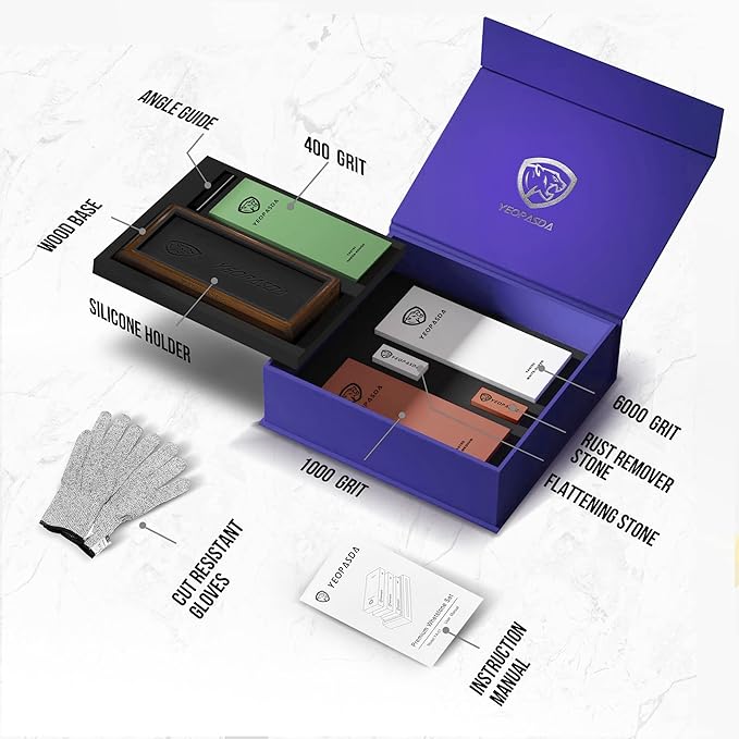 Extra Large Knife Sharpening Stone Kit - YeopAsda Thickered 3 Side Grit 400/1000/6000 Xl Wet Stone - Whetstone Knife Sharpener with Non-Slip Wood Base, Angle Guide, Cut Resistant Gloves