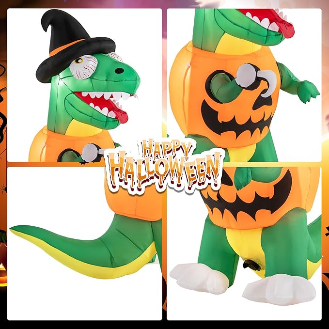 Goplus 6 FT Inflatable Pumpkin Dinosaur, Blow up Yard Decoration with Built-in LED Lights & Witch Hat, Halloween Inflatable Decoration with Stakes, Tethers & Sandbag, for Garden, Yard & Lawn