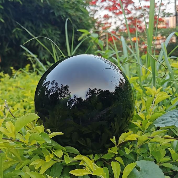 Black Gazing Globe Mirror Ball in Stainless Steel, Shiny Hollow Sphere Sparkling Housewarming Outdoor Party Ornament (Black, 8 inches)