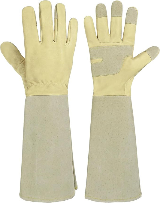 HANDLANDY Pruning Gloves Long for Men & Women, Rose Thorn Proof Gardening Gloves- Gardening Gifts for Gardeners (Beige- goatskin, Large (Pack of 1))