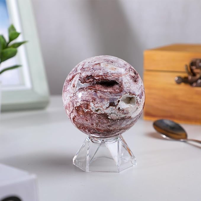 Natural Mexican Agate Crystal Ball with Acrylic Display Base, 51-60mm Polished Stone Feng Shui Crystal Sphere Meditation Decoration for Home & Office