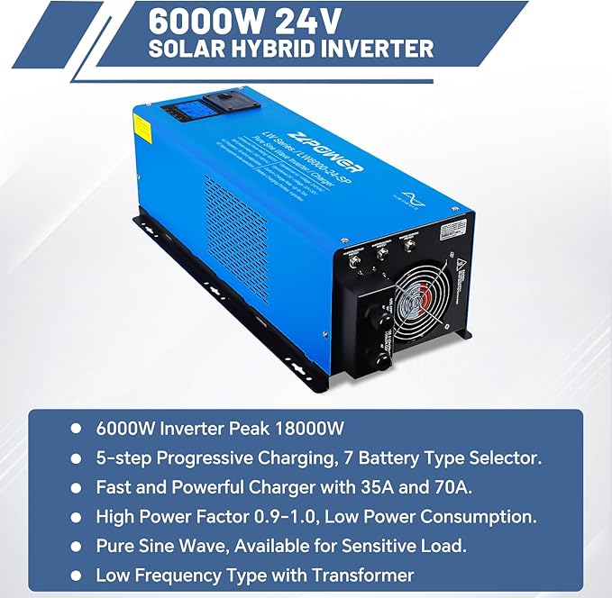 ZLPOWER 6000W 24V DC Pure Sine Wave Inverter, 18000W Peak, 120V/240V AC Split Phase Output with Battery Charger, LCD Display, Off-Grid Low Frequency Inverter for Home RV Camping (6000W)