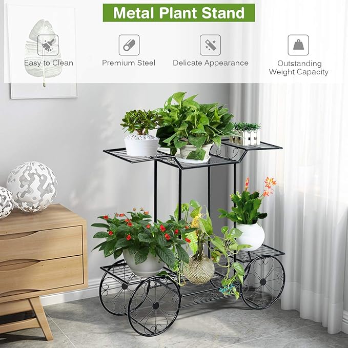 Giantex 6-Tier Plant Stand Flower Pot Holder Metal Flower Display Shelf with 4 Decorative Wheels Multilayer Parisian Style Plant Pot Holder Rack for Indoor, Garden, Patio, 32"L x 10"Wx 30"H, Black
