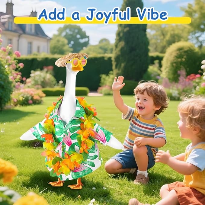 Hawaiian Porch Goose Outfits,2025 New Yard Goose Clothes Hawaiian Wreath with Straw Hat Glasses,4 Pcs/Set Summer Lawn Goose Costume,for 23" Statue Patio Garden Decoration
