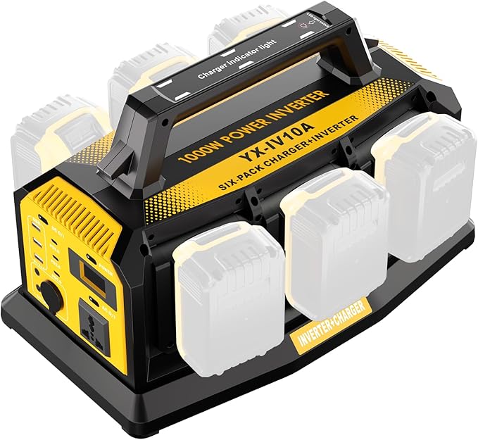 1000W Power Inverter for Dewalt 20V Battery,Compatible Battery Charger of 6 Ports Each 6A,20V to 110V Pure Sine Wave Inverter with 3 USB-A/Type-C/DC Port, Light,Cigarette Lighter Socket for Emergency