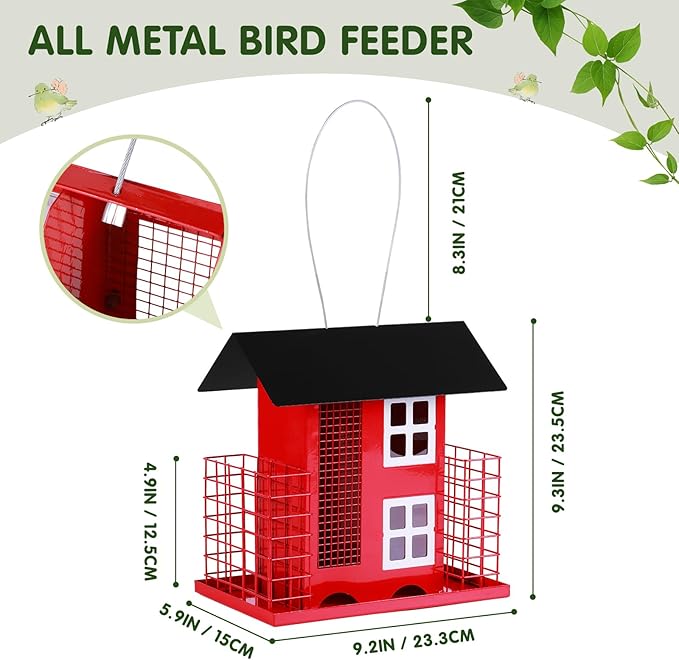 Metal Bird Feeders for Outdoors Hanging with 2 Suet Cage Cake Squirrel Proof Hanging Suet Feeder Large Capacity Wild Bird Feeder Easy Clean&Anti-Rust Attracting Birdhouse Red