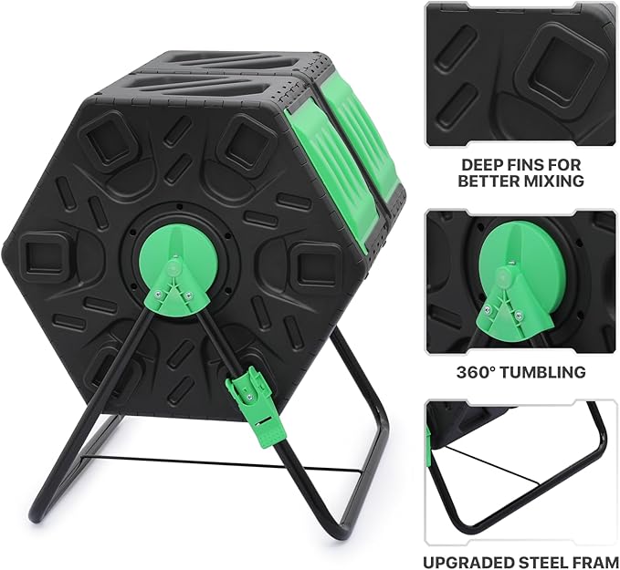 MoNiBloom 34 Gallon Compost Bins Outdoor Dual Chamber Composter Tumbler, All-Season Fast Working Tumbling Composter, High Volume Composter with 2 Sliding Doors