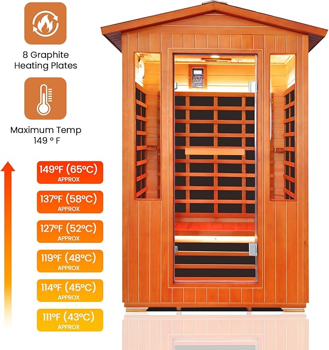 Outdoor Sauna 2 Person Sauna Infrared Saunas Dry Sauna Room 2080W/110V Low EMF Outer Board Red Cedar/Inner Board Fir Wood, Oxygen Bar, Speaker, LCD Control Screen, LED Lights - 48.8*38.2*81.9 in