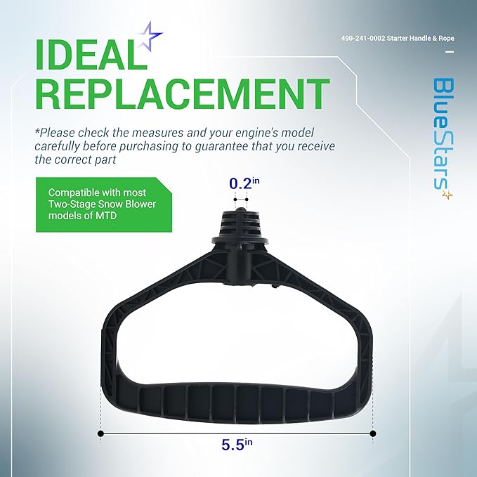 BlueStars 490-241-0002 Snowblower Starter Handle Rope Replacement Part - Compatible with Most MTD Two-Stage Snow Blowers