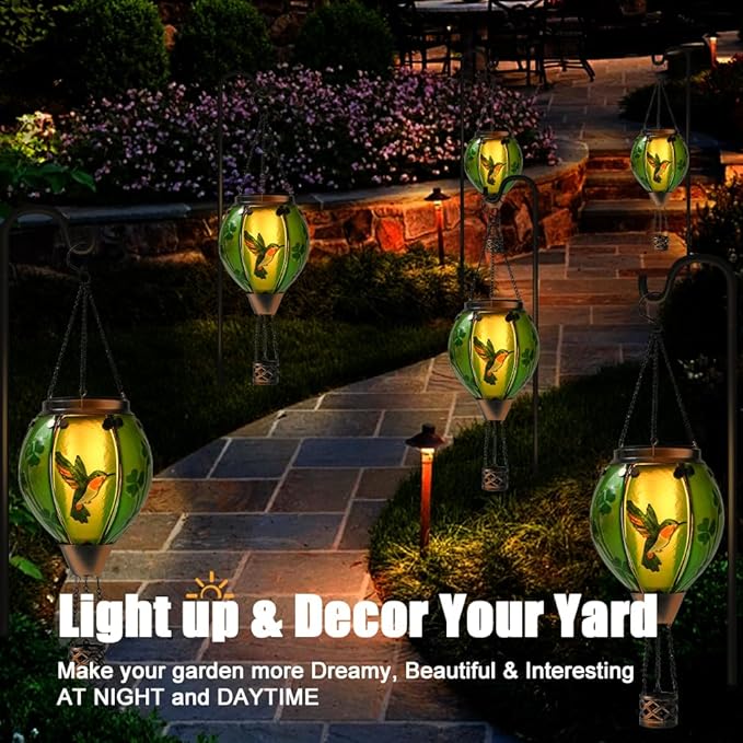 St Patricks Hot Air Balloon Solar Lantern - Patrick's Shamrock Glass Lantern, Simulated Flickering & Dancing Flame, Outdoor Hummingbird Hanging Yard Light for Patio Porch Decor Irish Clover Gift