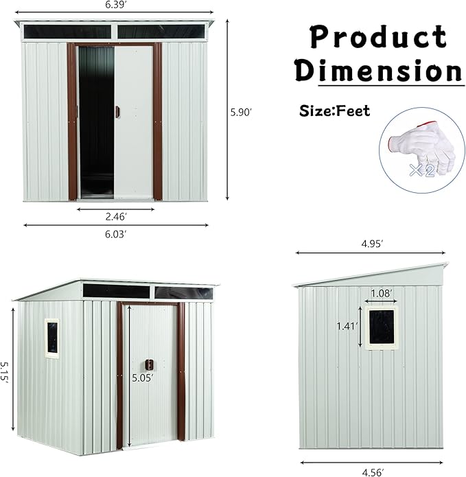Favfurish 6×5 FT Outdoor Galvanized Metal Storage Shed Large Garden Sheds W/Sliding Doors and Padlock,Rust and Waterproof,with Window and Punched Vents,Tool-Sheds for Backyard,Lawn,White