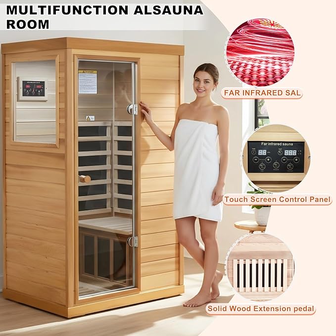 Infrared Sauna for Home, 1 Person Sauna Box, Low EMF 1050W/120V Indoor Sauna Spa with Control Panel & Bluetooth Speakers, LED Lamp, 63.42"x28.35"x62.60"