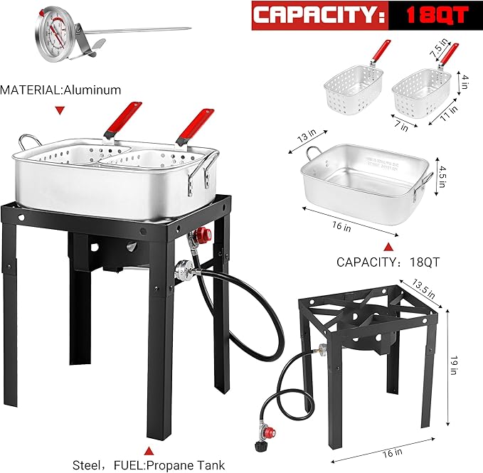 OT1808 Propane Deep Fryer with 18Qt Square Deep Fryer Pot – High Grade Strainer Basket Aluminum Pot for Fish Fry, Seafood Pot – Propane Burners for Outdoor Cooking Include Thermometer
