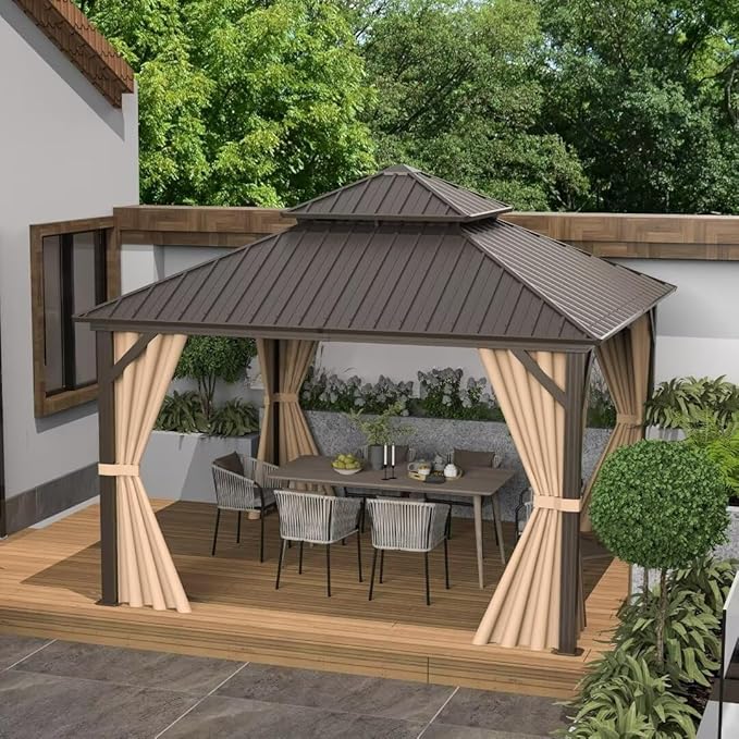 Domi 12'x12' Hardtop Gazebo Canopy,Outdoor Metal Gazebo with Galvanized Steel Double Roof,Curtain and Netting,Permanent Pavilion for Patio Deck,Backyard