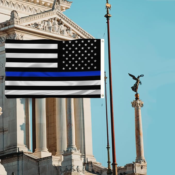 Embroidered Thin Blue Line Police Flag 3x5 Outdoor Lives Matter Law Enforcement Banner Polyester Fiber Back the Blue Flag Bright Color with Durable Canvas Header and 2 Brass Grommets