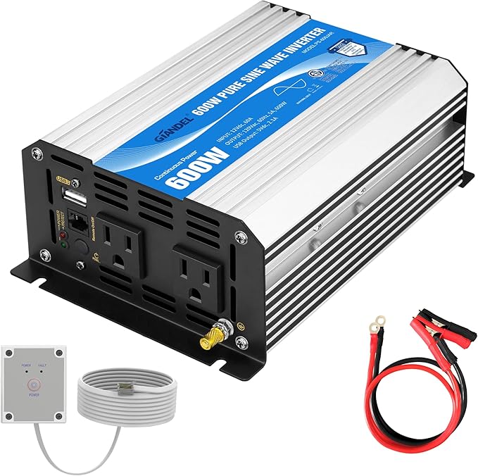 GIANDEL Power Inverter Pure Sine Wave 600Watt 12V DC to 120V AC with Remote Control Dual AC Outlets ETL Listed UL458 Standard for Small Solar System Outdoor Emergency