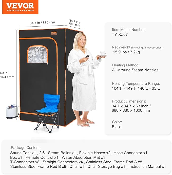 VEVOR Portable Steam Sauna Tent Full Size, 1200W with Visible Window, Personal Sauna Blanket Kit for Home Spa,Heated Body Therapy,Time&Temperature Remote Control with Chair,Black, 2.9’x 2.9’x 5.2’