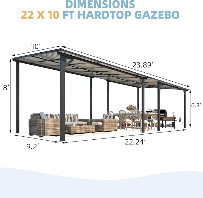 AECOJOY 22' x 10' Gazebo for Patio, Large Wall-Mounted Hard Top Lean-to Gazebo Pergola with Roof 10' x 22' on Clearance, Heavy Duty Patio Awnings for Decks, Backyard