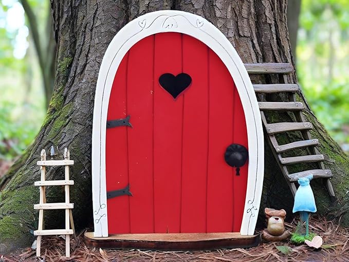 Red Streak Whimsical Miniature Fairy Door - Handcrafted 3D Mini Woodland Portal Tree Accessory for DIY Garden Landscapes, Terrarium Decor & Collector's Fantasy Displays