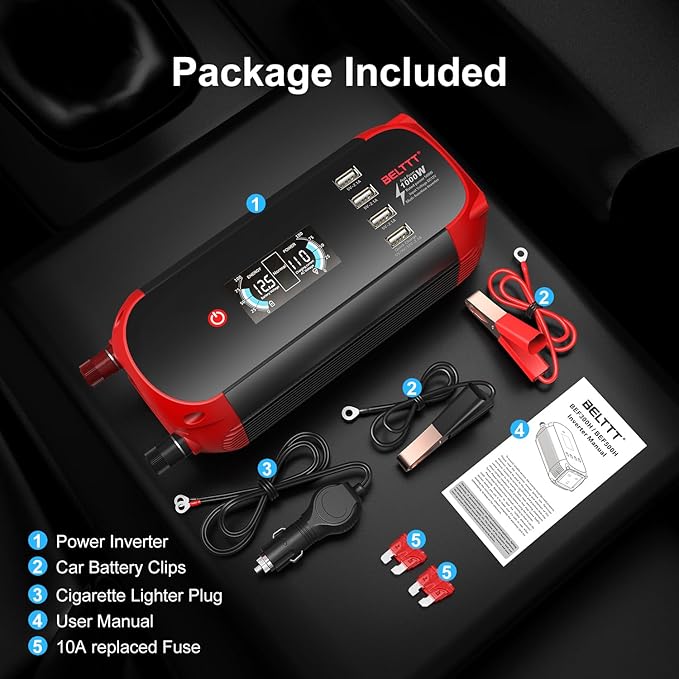 BELTTT 500W Car Power Inverter, DC 12V to 110V AC Power inverters for Vehicles with 2 AC Outlets, 4 USB Ports and LCD Digital Display, Car Plug Adapter Outlet Converter