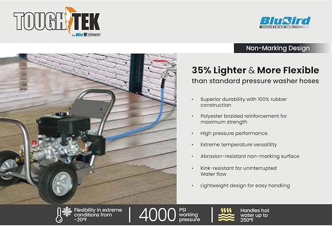 Tough-Tek TTPW1203-NM 1/2" x 3' Rubber Pressure Washing Hose: 4000 PSI, Heavy-Duty, Kevlar Reinforced, Kink-Resistant, Abrasion-Resistant, Hot & Cold Water, Commercial & Residential Use