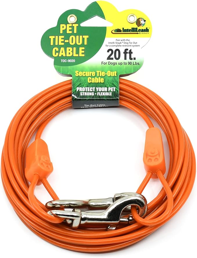IntelliLeash 20FT Tie-Out Cables for Dogs - Strong, Safe, and Durable Dog Tie-Outs for Small Dogs up to 90 Pounds - Weather and Wear Resistant Galvanized Aircraft Cable for Outside Use