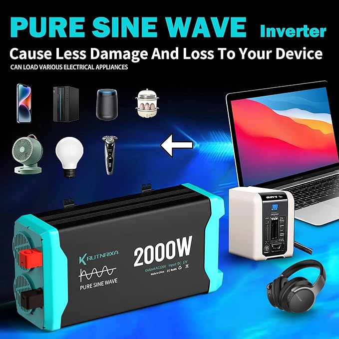 2000W Pure Sine Wave Inverter 12V DC to 120V AC for RV, Truck, Off-Grid, Home, Solar Car Power Inverter with Dual AC Hardwire Port, 50A Socket, 5V 2.1A USB
