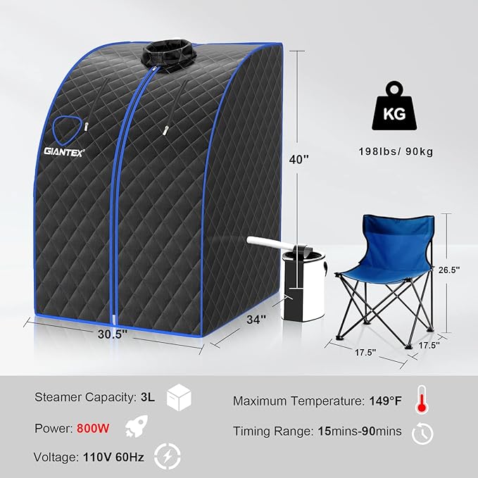 Giantex Portable Steam Sauna, Personal Therapeutic Sauna for Detox, Temperature & Timer Adjustable, 800W Sauna Box Spa w/Chair, 3L Steamer,Massage Roller,Mat,Remote Control, Home Sauna Tent (Black)