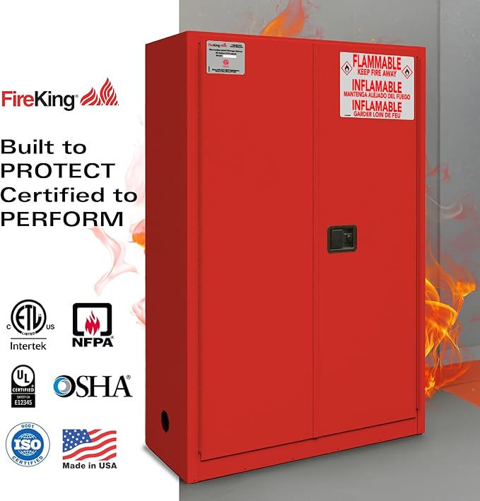 FireKing Red Flammable Safety Cabinet, Combustible Liquids Flammable Storage Cabinet, 45 Gallon Steel Safety Cabinets with Manual Door for Commercial, Industrial & Home Use, 43" x 18" x 65"