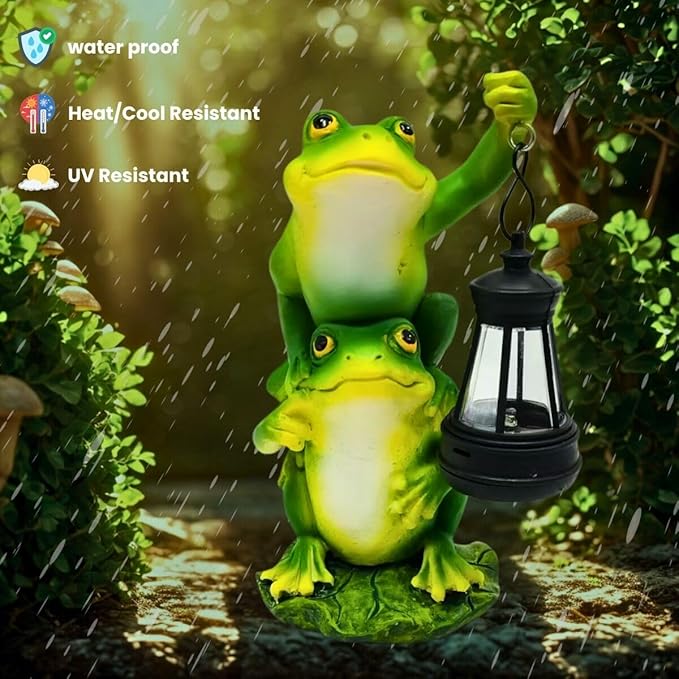 Solar Garden Statues Outdoor Decor-Frog Statue with Solar Lantern-Fairy Garden Outdoor Decor Art for Patio,Yard,Lawn Ornament,Unique Birthday House Warming Gifts for Women,Mom,Dad