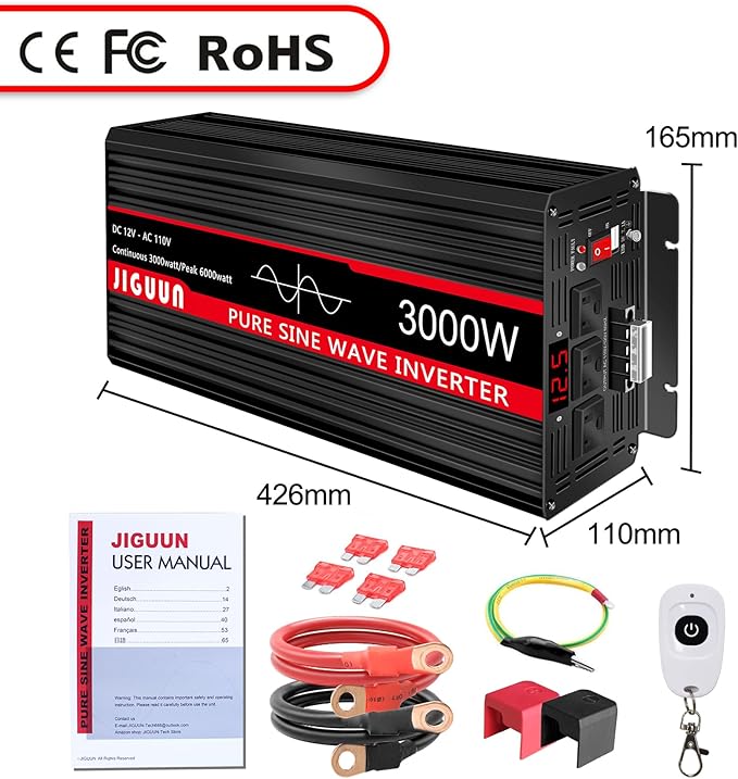 JIGUUN Pure sine Wave Inverter 3000W, 12V to 110V Power Inverter Converter with 4 AC sockets, USB Output and LED Display for RV Camping Emergency Household appliances (3000WPRO)