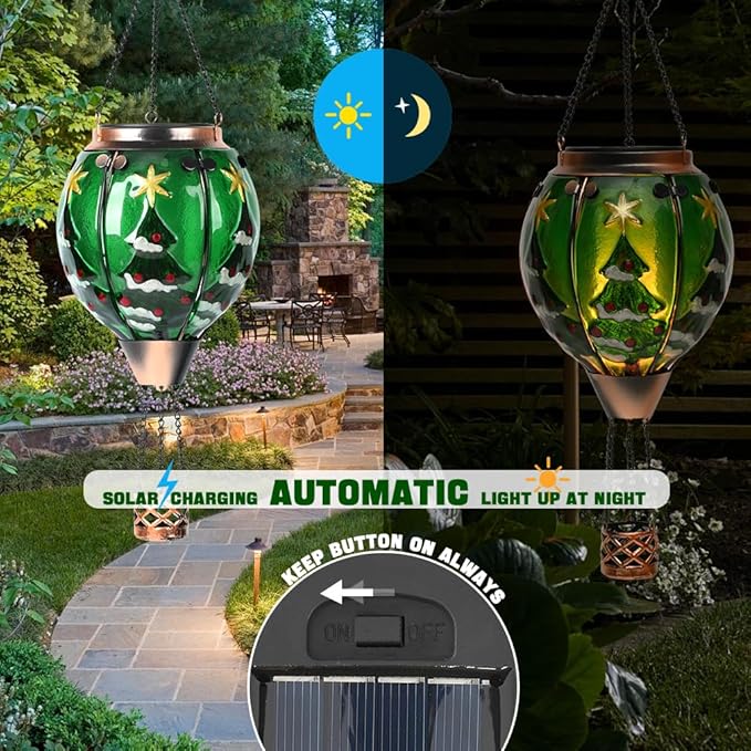 Solar Powered Hot Air Balloon Lantern - Christmas Tree Glass Lantern, Simulated Flickering & Dancing Flame, Outdoor Hanging Yard Light Waterproof IP65 for Patio Lawn Porch New Year Decor Gift