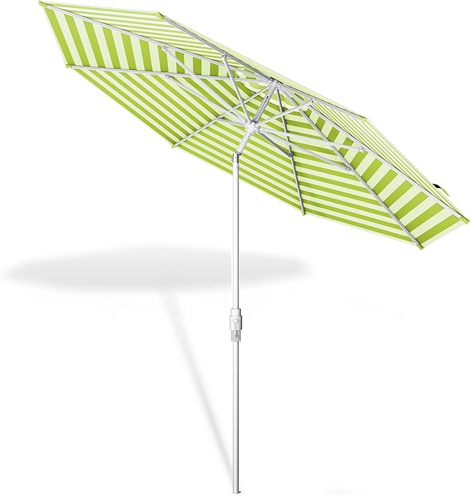 Midtown Umbrellas The Swilt 9 Feet Patio Umbrella in Terylast Pear Stripes (Green/White) Polyester Fabric - Fiberglass Ribs, Auto-Tilt Aluminum Frame For Backyard, Deck, Garden, Pool - White Pole