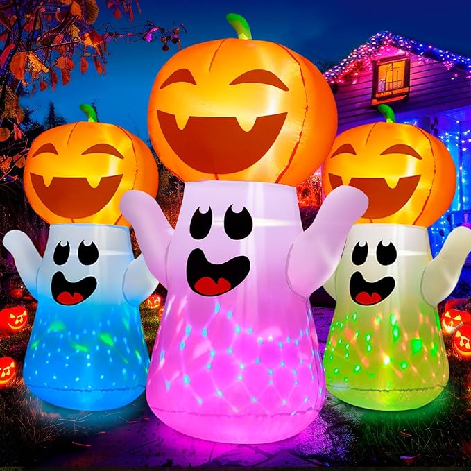 5FT Halloween Inflatables Pumpkin Ghost Built-in 3-Pattern Colorful Flashing Light, Cute Halloween Blow Up Yard Decorations for Indoor Outdoor Home/Holiday/Party/Yard/Lawn (1PCS)