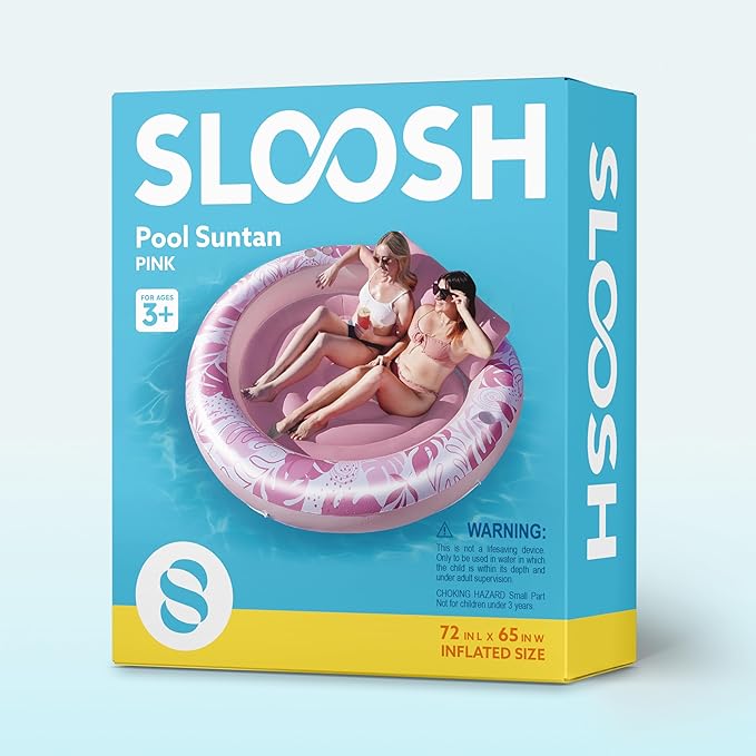 SLOOSH Inflatable Tanning Pool Lounger Float,72" x 65" Pool Floats Adult with Pillow,Luxury Fabric Large Suntan Tub Raft Floatie,Sunbathing Bed Lounge for Water Blow Up Kids Ball Pit Party Gifts,Pink